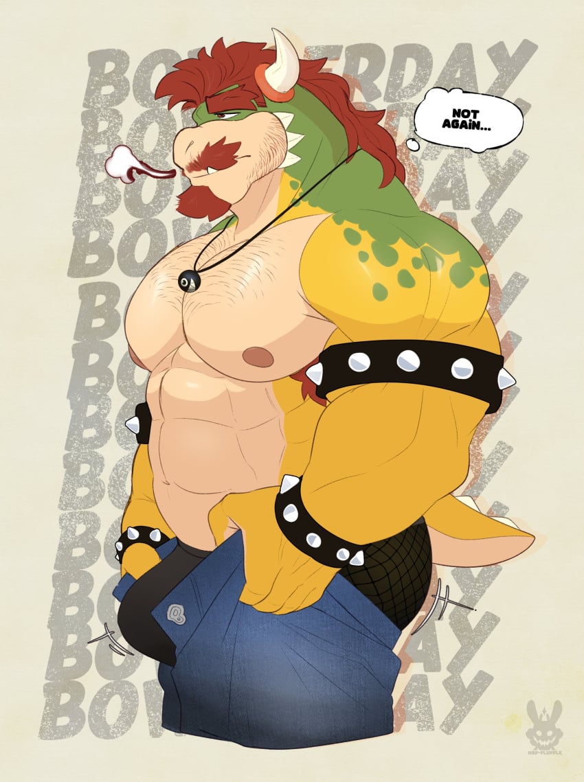 2023 abs absurd_res anthro armband armpit_hair barazoku beard biceps big_bulge big_muscles body_hair bottomwear bowser bowser_day bracelet breath bulge chest_hair clothed clothing deltoids denim denim_clothing dressing emanata english_text eyebrows facial_hair flufflecraft grey_background hair hi_res horn huge_bulge huge_muscles jeans jewelry koopa long_hair male male_only mario_(series) meme moustache muscular muscular_anthro muscular_male necklace nintendo nipples non-mammal_nipples pants pecs scalie serratus side_view simple_background solo spiked_armband spiked_bracelet spikes standing text text_background thought_bubble tight_pants_(meme) topless topless_anthro topless_male underwear unzipped zipper