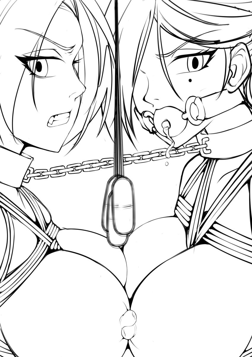 2girls ball_gag big_breasts black_and_white blue_eyes bondage bound bound_together breasts brown_hair chained eleven_(scissor_seven) female female_only femsub gag hard_nipples incest leash line_art mouth_hold multiple_girls naked nipples numbery rope scissor_seven thirteen_(scissor_seven) vibrator yuri