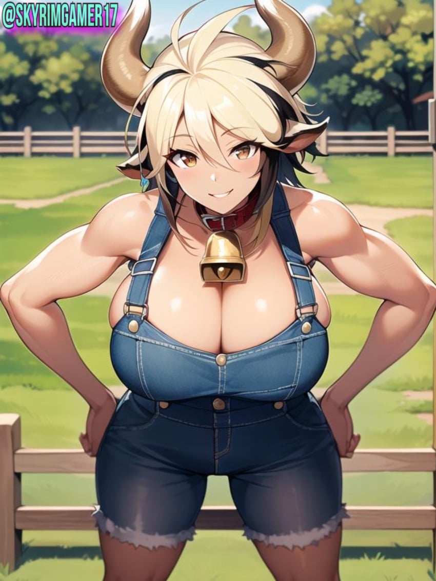 ai_generated arms_on_waist black_hair blonde_hair brown_eyes cathyl_(monster_musume) cleavage close-up cow_ears cow_horns cowbell curvaceous curvy curvy_body curvy_female curvy_figure curvy_hips farm female_focus female_only hi_res high_resolution highres huge_breasts leaning_forward looking_at_viewer minotaur minotaur_female monster_girl monster_musume_no_iru_nichijou multicolored_hair muscle_girl nai_diffusion pov skyrimgamer17 smiling_at_viewer stable_diffusion suspenders voluptuous voluptuous_female