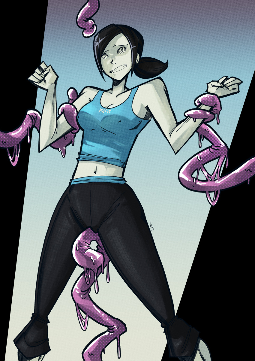 4five1 absurdres black_hair brainwashing cleavage female_only femsub hypnosis leggings mind_control nipple_bulge ponytail restrained restrained_by_tentacles slime spiral_eyes tank_top tentacle tentacle_on_pussy tentacles_around_arms unhappy_trance white_skin wii_fit wii_fit_trainer wii_fit_trainer_(female)