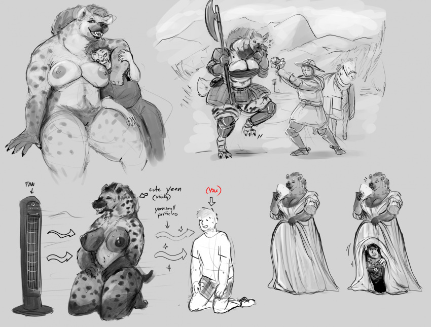 1boy 1girls 2023 anthro big_breasts biped bodily_fluids breasts claws clothing digital_media_(artwork) doctordj dress duo equid equine female feral flower fur genitals gnoll hi_res holding_axe holding_flower holding_object horse human human_on_anthro hyena interspecies kettle_helmet kneeling larger_anthro larger_female male male/female mammal multiple_views muscular muscular_anthro muscular_male nipples offering_flower plant pussy size_difference smaller_human smaller_male smell smell_particles_meme smelly spots spotted_body spotted_fur spotted_hyena sweat toe_claws under_dress