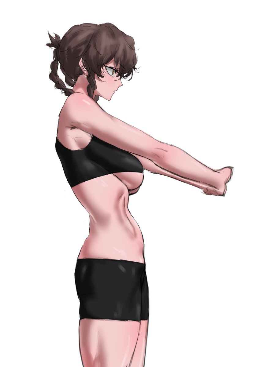 1girls amane_suzuha athletic_female bike_shorts braided_hair brown_hair female koha midriff solo sports_bra steins;gate stretching thighs toned_female twin_braids underboob workout_clothes