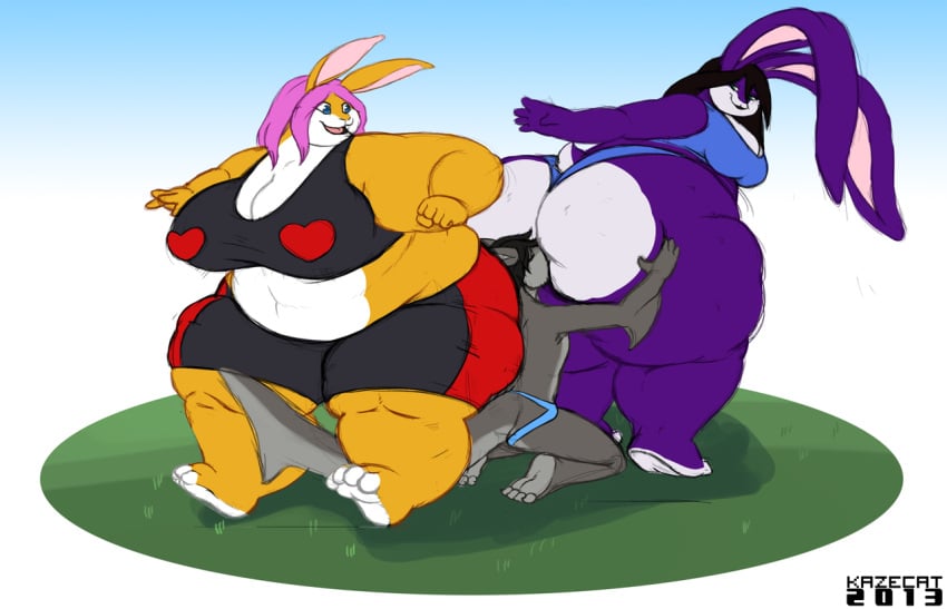 2013 anthro big_breasts black_hair bottomwear bra breasts clothed clothing face_in_ass feet female fish fur grey_body group hair huge_breasts jiggly_(kazecat) kazecat lagomorph leporid long_ears long_hair male mammal marine nerts obese obese_anthro obese_female orange_body orange_fur original original_character original_characters overweight overweight_anthro overweight_female paws pink_hair purple_body purple_fur rabbit rabbit_ears shark short_hair shorts tail topwear trio underwear violet_(kazecat)