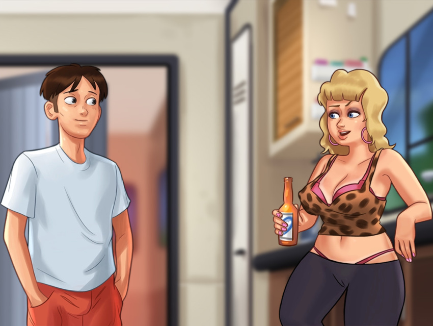 1boy 1girls 2d alcohol blonde_hair blonde_hair blue_eyes bottle bottomwear bra brown_hair cameltoe clothed clothing crystal_(summertime_saga) curvy curvy_body curvy_female curvy_figure darkcookie digital_drawing_(artwork) digital_media_(artwork) duo ear_piercing earrings female holding holding_object horny horny_female leggings light-skinned_female light-skinned_male light_skin long_hair looking_at_another looking_at_partner main_character_(summertime_saga) male male/female milf panties pants piercing piercings pussy_lips shirt shorts smile smiling standing summertime_saga tank_top tanline tanlines thick_thighs thong thong_panties topwear underwear