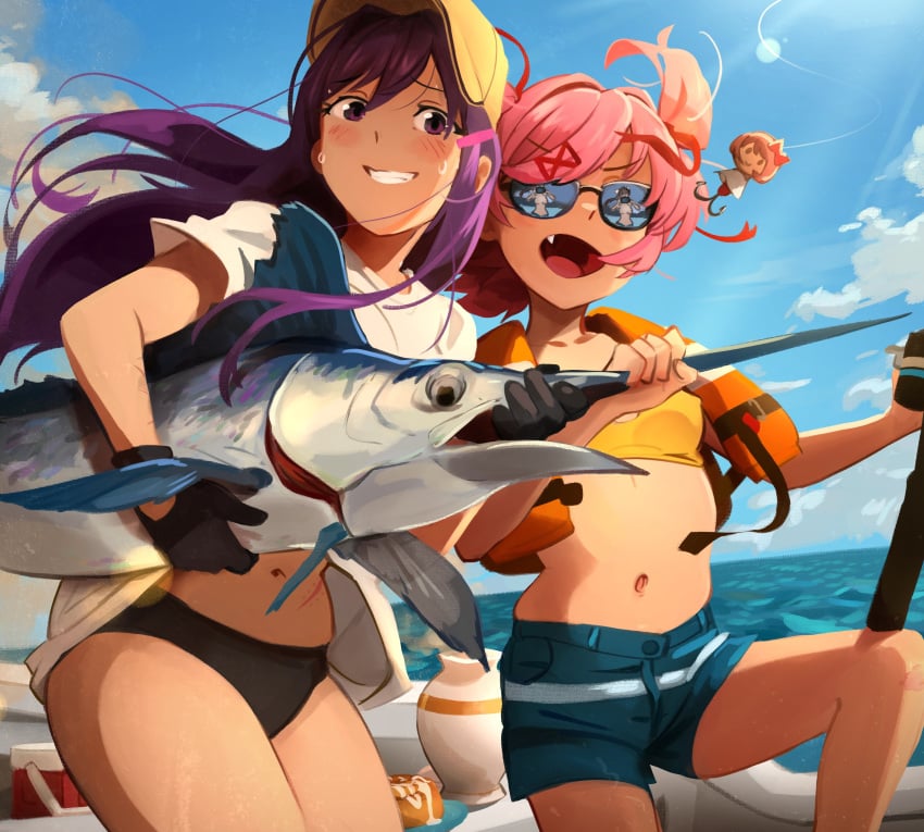 bikini_top black_panties blue_sky blush blushing boat boobs bow breasts camera cloud clouds cooler dessert doki_doki_literature_club fang female female_only fin fish fish_hook fishhook girl girl_only glasses gloves grin grinning hat headwear honey_bun khyleri long_hair monika_(doki_doki_literature_club) mouth_open multiple_girls natsuki_(doki_doki_literature_club) object oerba_yun_fang on_boat only_female open_mouth panties pink_hair purple_eyes purple_hair reflection reflection_in_glasses sayori_(doki_doki_literature_club) scar short_hair shorts sky sweat sweatdrop sweatdrops swordfish taking_picture teeth thighs topless topless_female water yellow_bikini_top yuri_(doki_doki_literature_club)