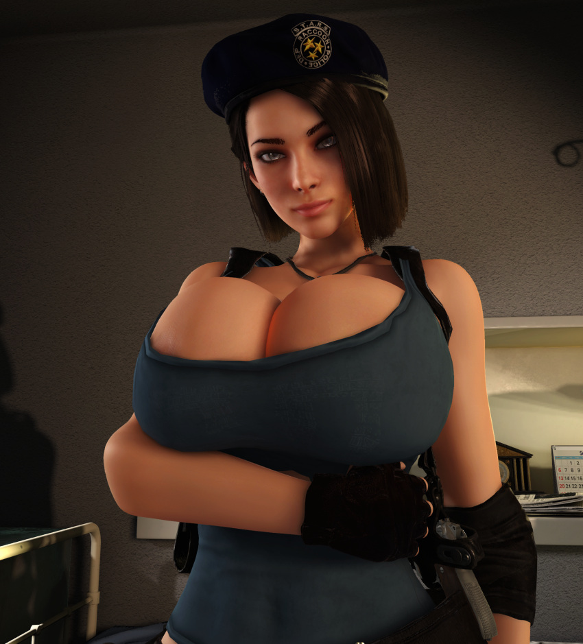 1girls 3d 3d_(artwork) alternate_breast_size arm_under_breasts beret capcom cleavage cleavage_overflow clothed clothed_female female female_only female_solo huge_breasts human human_female human_only human_solo jill_valentine looking_at_viewer resident_evil resident_evil_3 resident_evil_3_remake solo solo_female top_heavy vaako