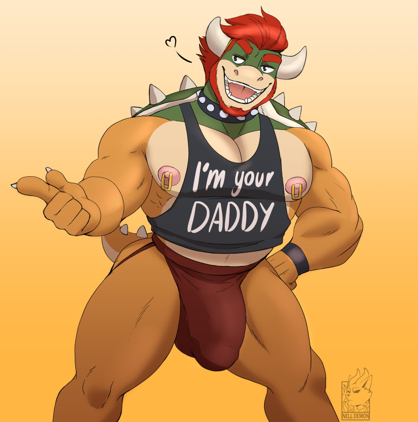 2023 absurd_res anthro barazoku beard biceps big_bulge big_muscles big_pecs bowser bowser_day bracelet bulge claws clothed clothing collar daddy_kink english_text eyebrows facial_hair gesture hair hand_on_hip heart hi_res horn huge_bulge huge_muscles jewelry jockstrap koopa male male_only mario_(series) muscular muscular_anthro muscular_male nelldemon nintendo nipple_piercing nipple_ring nipples non-mammal_nipples obliques open_mouth open_smile pecs piercing ring_piercing scalie shell shirt simple_background smile solo spiked_collar spiked_shell spiked_tail spikes spikes_(anatomy) standing tail tank_top teeth text text_on_clothing text_on_shirt text_on_tank_top text_on_topwear thick_thighs tongue topwear underwear watermark yellow_background