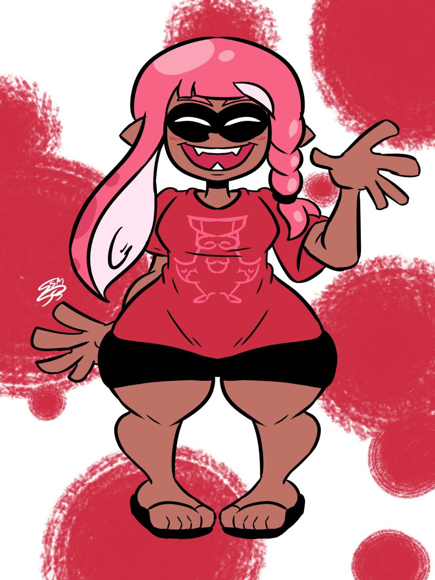 2022 blush closed_eyes dark_skin flip_flops inkling inkling_girl nintendo open_mouth pink_hair sandals smile smiling smiling_at_viewer solarmannstudio splatoon splatoon_3 supahstudiomann_(artist) thick_thighs thunder_thighs waving waving_at_viewer wide_hips