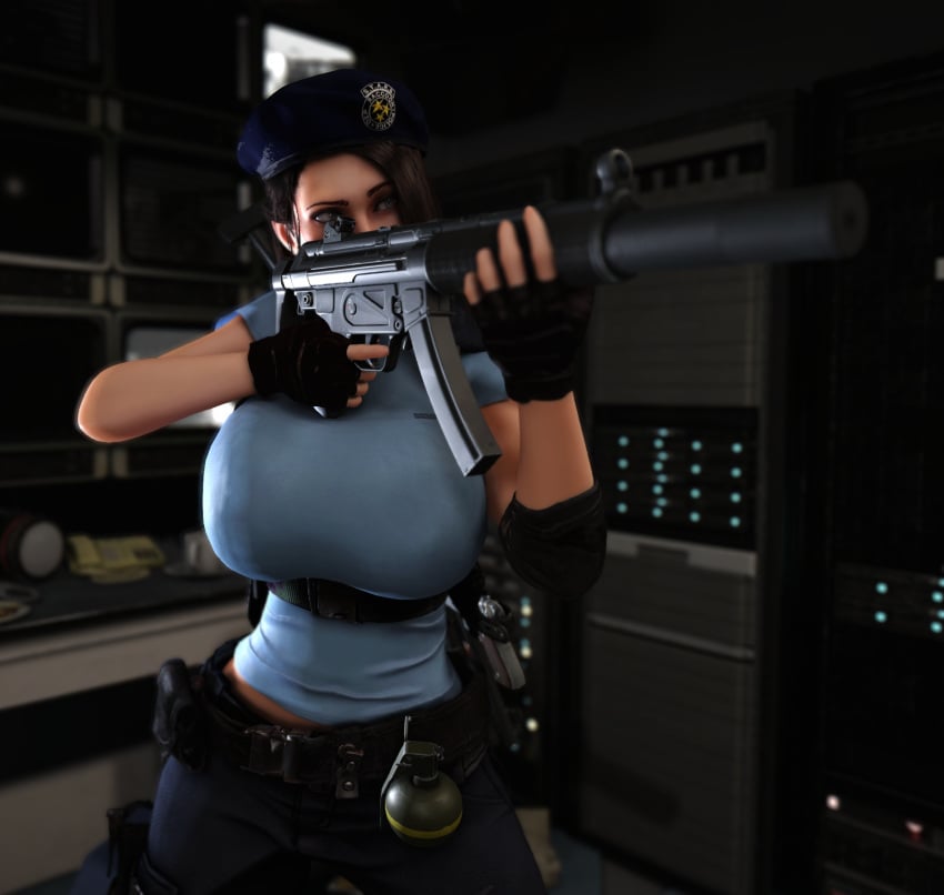 1girls 3d 3d_(artwork) aiming aiming_weapon alternate_breast_size beret capcom clothed clothed_female female female_only female_solo fully_clothed gun holding_gun holding_object holding_weapon huge_breasts human human_female human_only human_solo jill_valentine looking_away resident_evil resident_evil_3 resident_evil_3_remake solo solo_female top_heavy vaako weapon