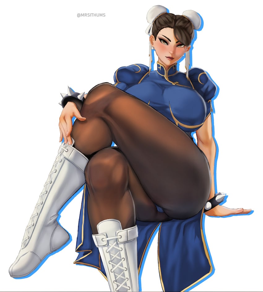 1girls 2023 big_breasts blush boots brown_eyes brown_hair capcom chinese_clothes chun-li crossed_legs female female_only hair_bun hi_res huge_breasts looking_at_viewer mr_sithums pantyhose sitting smiling smiling_at_viewer solo spiked_bracelet street_fighter thick_thighs twin_buns white_background wide_hips