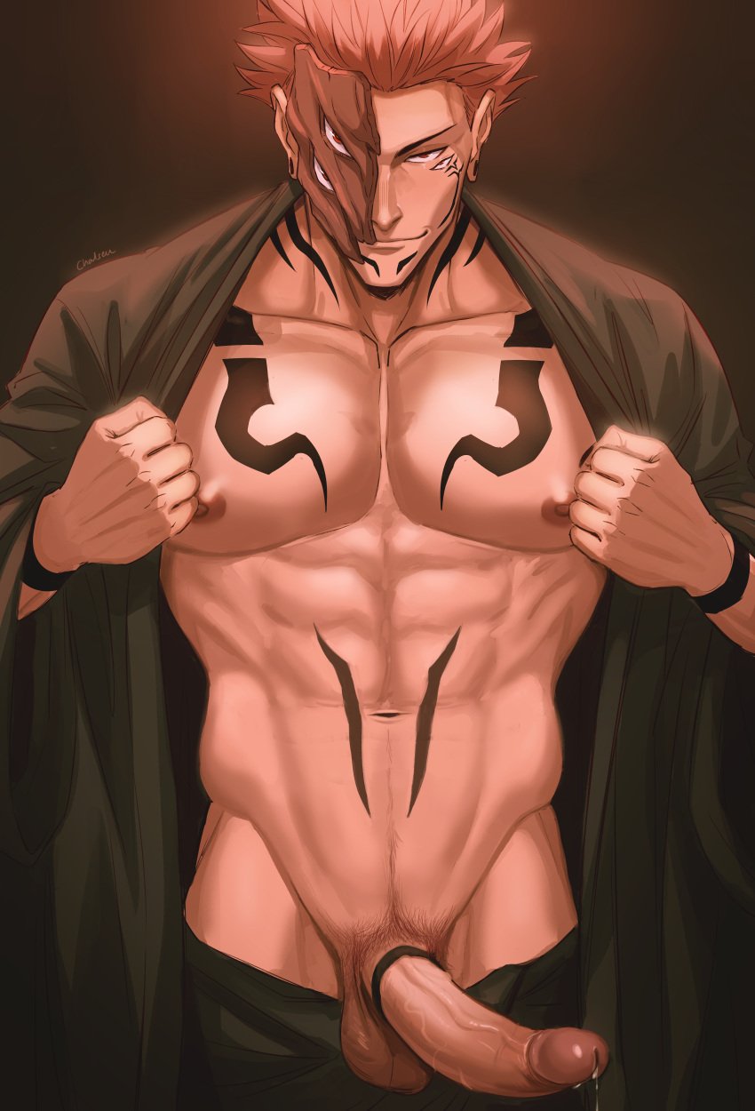 1boy 4_eyes abs jujutsu_kaisen looking_at_viewer male male_focus male_only multi_eye muscular muscular_male nipples open_clothes opening_shirt pants pants_down pink_hair pubes pubic_hair red_eyes ryoumen_sukuna_(jujutsu_kaisen) sex smile solo solo_focus solo_male sombre_slahc