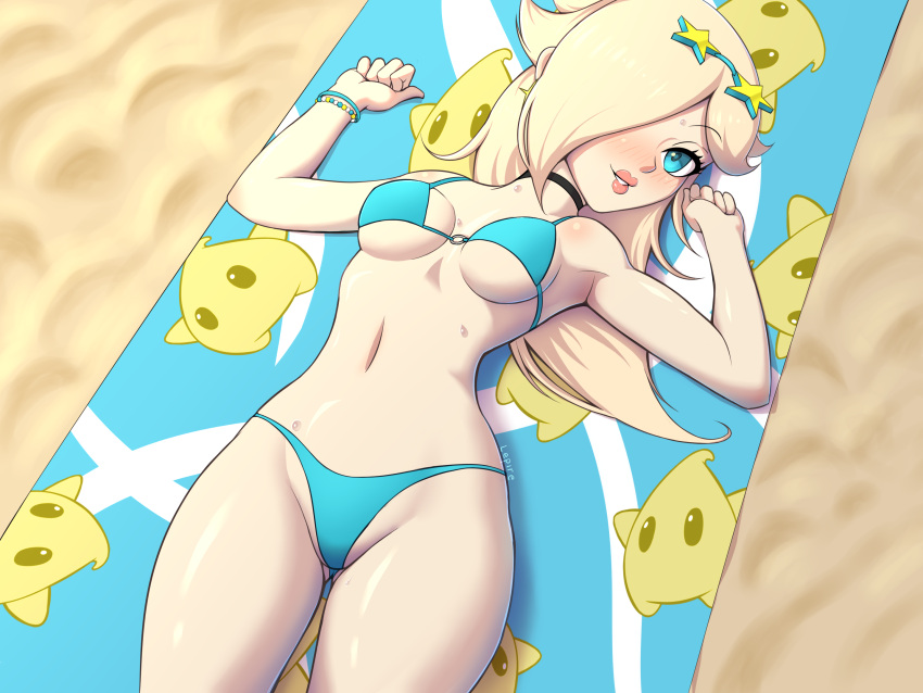 2023 absurd_res beach beach_towel belly belly_button bikini blonde_hair blue_eyes blush blush_lines choker earrings fully_clothed laying_down laying_on_back lepire looking_at_viewer luma mario_(series) nintendo princess_rosalina signature smile sunglasses_on_head super_mario_galaxy sweat sweatdrop sweating swimsuit thigh_gap thighs