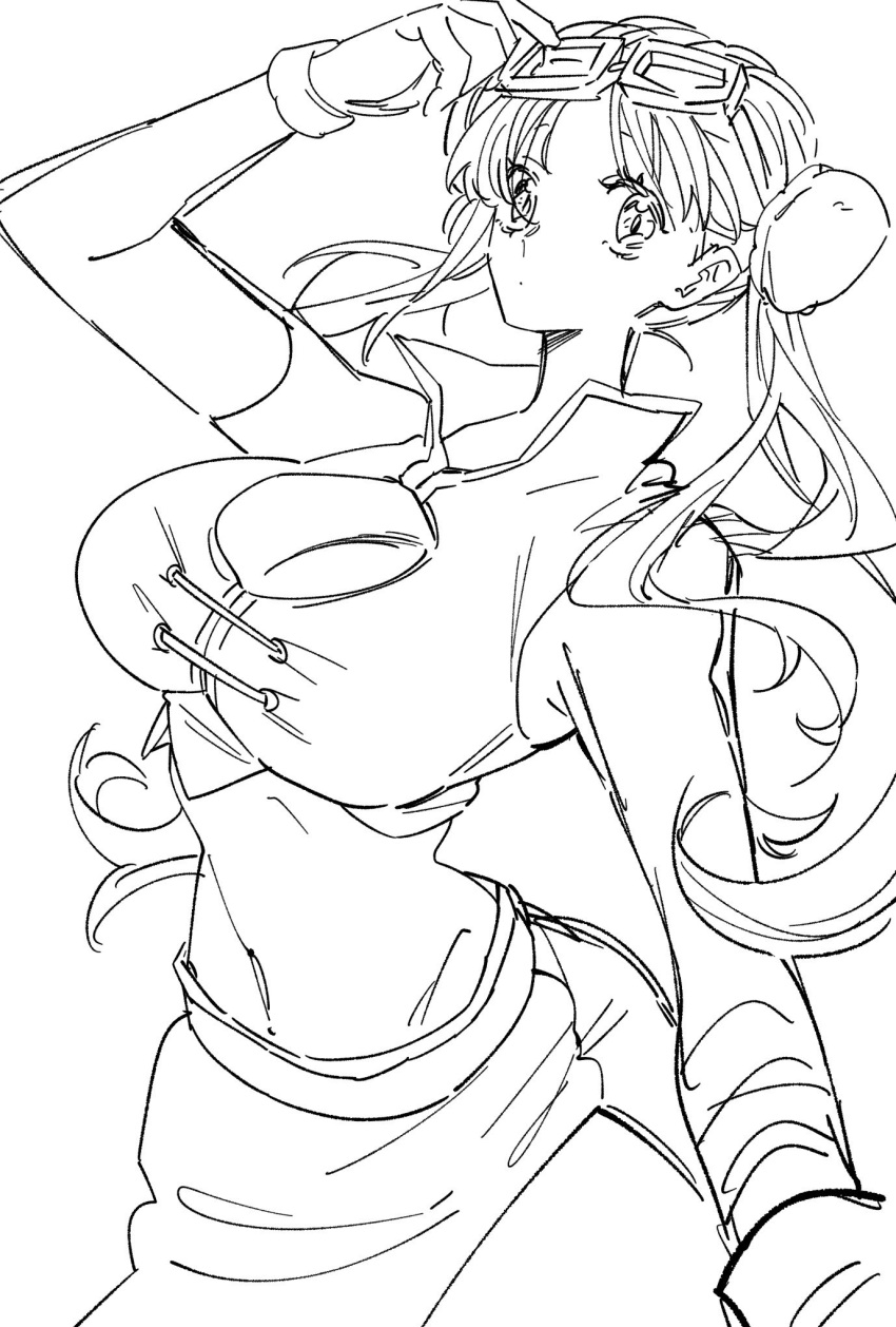 aged_up big_breasts bun_cover chinese_clothes cleavage cleavage_cutout double_bun female female_only gintama goggles goggles_on_head kagura_(gintama) long_hair looking_at_viewer monochrome official_alternate_costume sena_azuki sketch solo twintails