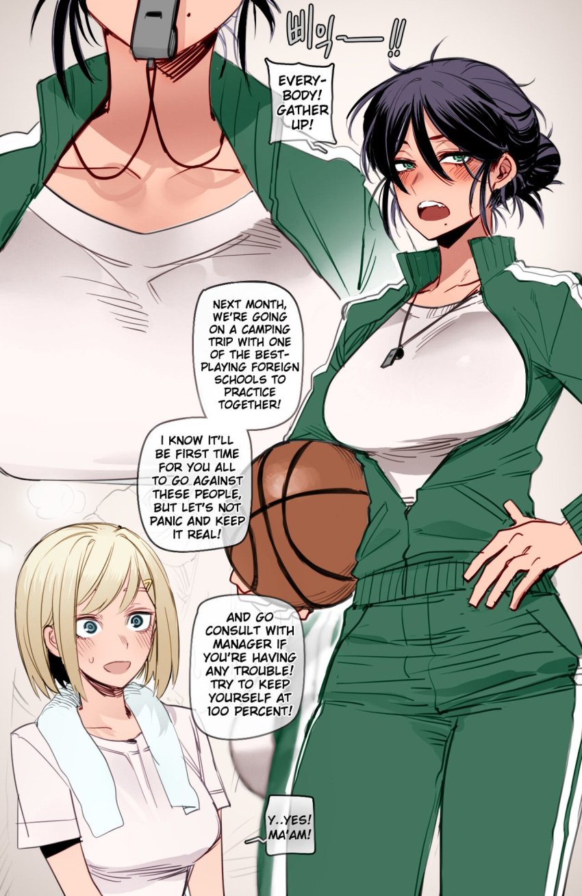 2d 2d_(artwork) 2d_artwork 2girls basketball basketball_uniform big_breasts black_hair blodne blonde_female blonde_hair blowing_whistle blush coach color colored dialogue english_text female gym_clothes gym_uniform hair_bun hand_on_hip hi_res high_resolution highres holding_basketball holding_object mole mole_under_mouth mr.skull original original_character original_characters ratatatat74 short_hair text third-party_edit tomboy track_jacket track_pants track_suit tracksuit unzipped_jacket whistle whistle_around_neck white_background