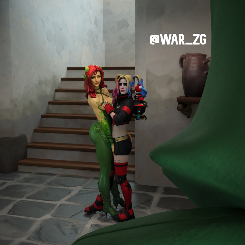 1boy 2girls 2girls1boy 3d batman_(series) dc dc_comics female fortnite fortnite:_battle_royale green_eyes harley_quinn harley_quinn_(fortnite) male pamela_isley poison_ivy poison_ivy_(fortnite) red_hair sorrenpalace touching touching_ass touching_breast touching_pussy trio war_zg