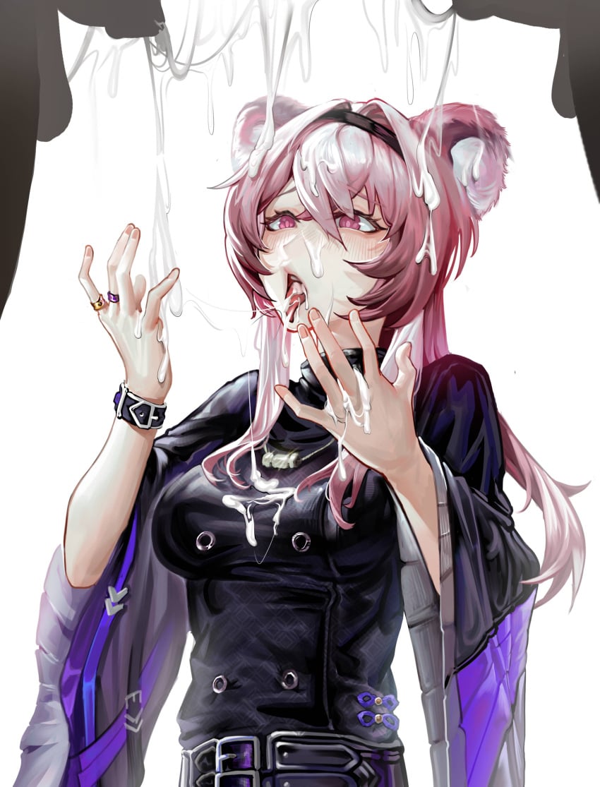 1girls 2023 2boys after_oral animal_ears arknights cum cum_on_body cum_on_face hi_res hvvt jewelry kemonomimi light-skinned_female light_skin lin_(arknights) lots_of_cum pink_eyes pink_hair simple_background tongue tongue_out upper_body