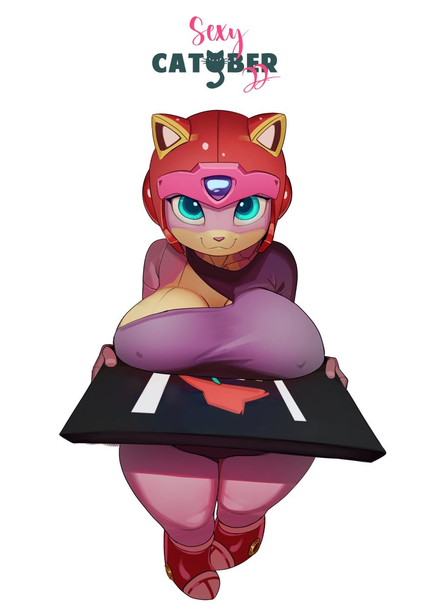 1girls 2022 2022s absurd_res anthro armor big_breasts biped blue_eyes boots breasts_out breasts_rest cat_ears cat_girl catgirl catober catober_2022 cleavage_cutout clothed clothing countershade_face countershading digital_media_(artwork) domestic_cat felid feline felis feliscede female female_focus female_only food_delivery footwear forehead_gem foreshortening headgear helmet hi_res looking_at_viewer mammal pink_body pink_clothing pizza_box polly_esther samurai_pizza_cats simple_background smile solo thick_thighs thighs white_background wide_hips