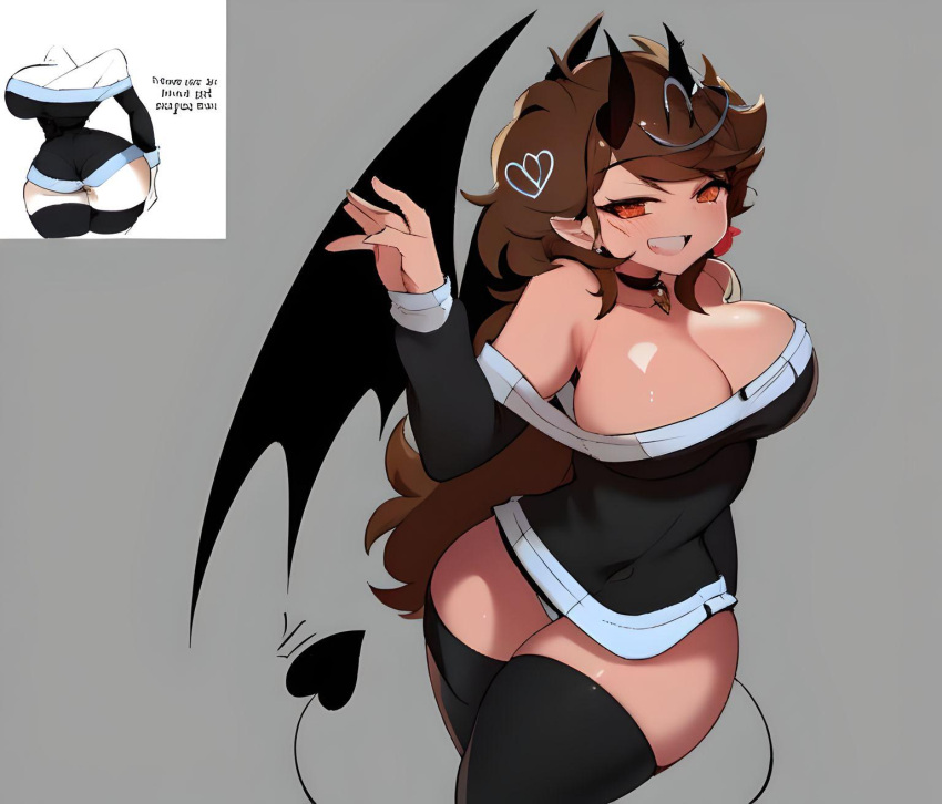 ai_generated big_breasts black_clothing breasts brown_hair demon_girl demon_horns demon_wings friday_night_funkin friday_night_funkin_mod long_hair long_socks looking_at_viewer no_pants original_character red_eyes shanice_(shawncookie) shawncookie thick_thighs thighs