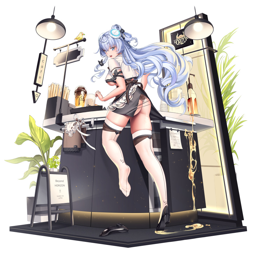 absurdres apron arm_ribbon ass bird black_footwear black_skirt black_undershirt blue_eyes blue_hair breasts brown_apron bubble_tea cafe claw_hair_clip clover collared_crop_top container counter counter:side crop_top crossed_bangs cup disposable_cup drinking_straw english_text female floating_hair flustered four-leaf_clover frilled_apron frills from_behind furrowed_brow hair_between_eyes hair_intakes hair_ornament hair_scrunchie hanging_light headgear high_heels highres horizon_(counter:side) indoors lace lace_panties large_breasts light_blue_hair long_hair long_legs looking_back looking_down madaeng miniskirt open_mouth panties paper pinstripe_pattern pitcher_(container) plant planter potted_plant restaurant ribbon scrunchie shirt shoe_removed short_sleeves sideboob sign skindentation skirt solo spill spilling striped syrup tape tearing_clothes thighhighs thighs torn_clothes torn_skirt towel_rack tray underboob underwear very_long_hair wardrobe_malfunction wavy_hair white_shirt white_thighhighs window