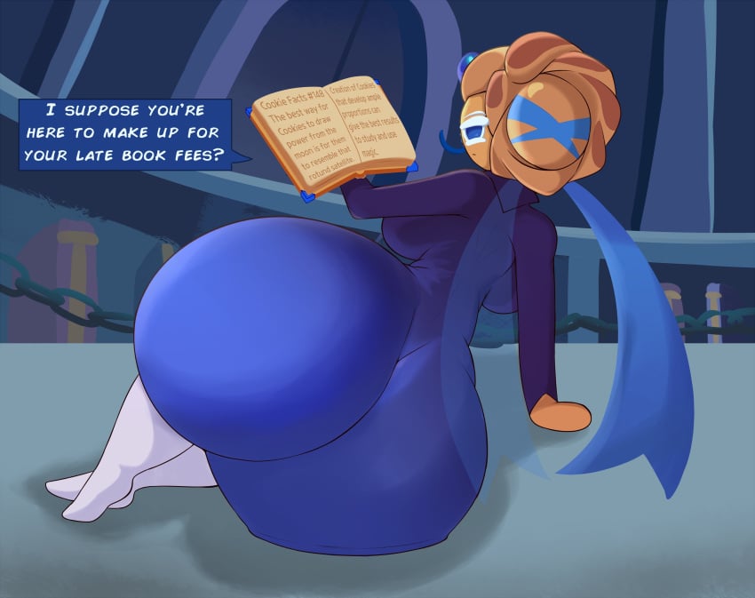 1girls ass ass_focus blueberry_pie_cookie book clothed clothed_female clothing cookie_run female female_only fromariels full_body huge_ass looking_at_viewer looking_back open_book solo solo_female