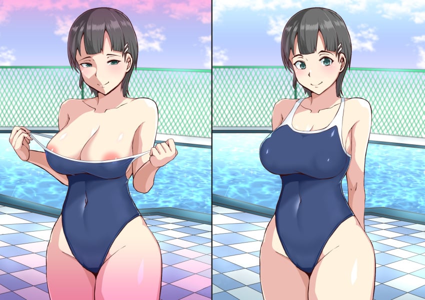 1girls areola_slip arms_behind_back big_breasts black_hair blunt_bangs blush breasts busty cleavage clothes_pull competition_swimsuit covered_erect_nipples covered_navel female female_only green_eyes half-closed_eyes highres instant_loss kirigaya_suguha large_breasts legs looking_at_viewer naughty_face nipples one-piece_swimsuit one-piece_swimsuit_pull pool pulled_by_self seductive_smile sensual short_hair smile solo strap_pull swimsuit sword_art_online teasing thick_thighs thighs toro_zai undressing