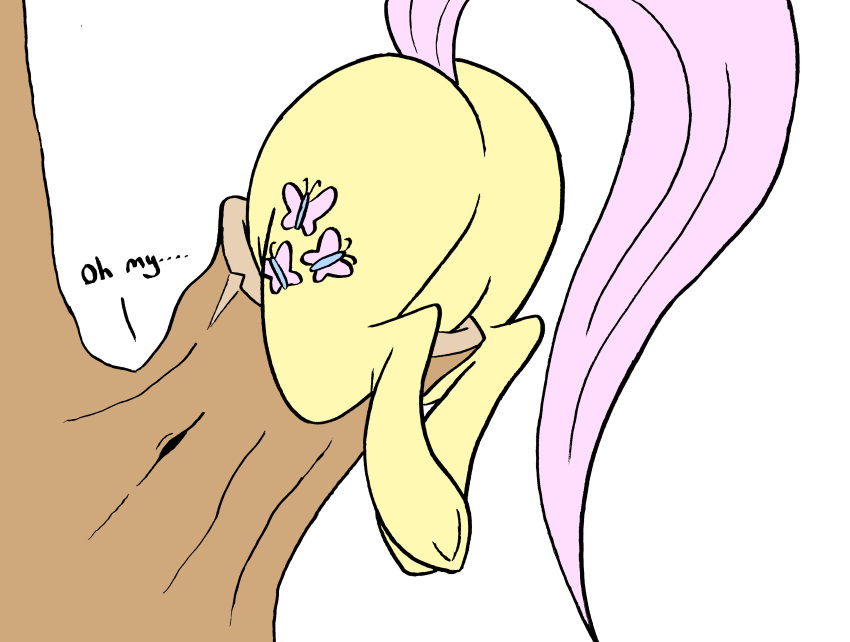 1girls ass big_ass big_butt dynamo1940 english english_text equine exposed exposed_ass featureless_crotch female feral fluttershy_(mlp) friendship_is_magic hasbro my_little_pony pink_tail stuck stuck_in_object stuck_in_tree text through_wall yellow_body yellow_fur