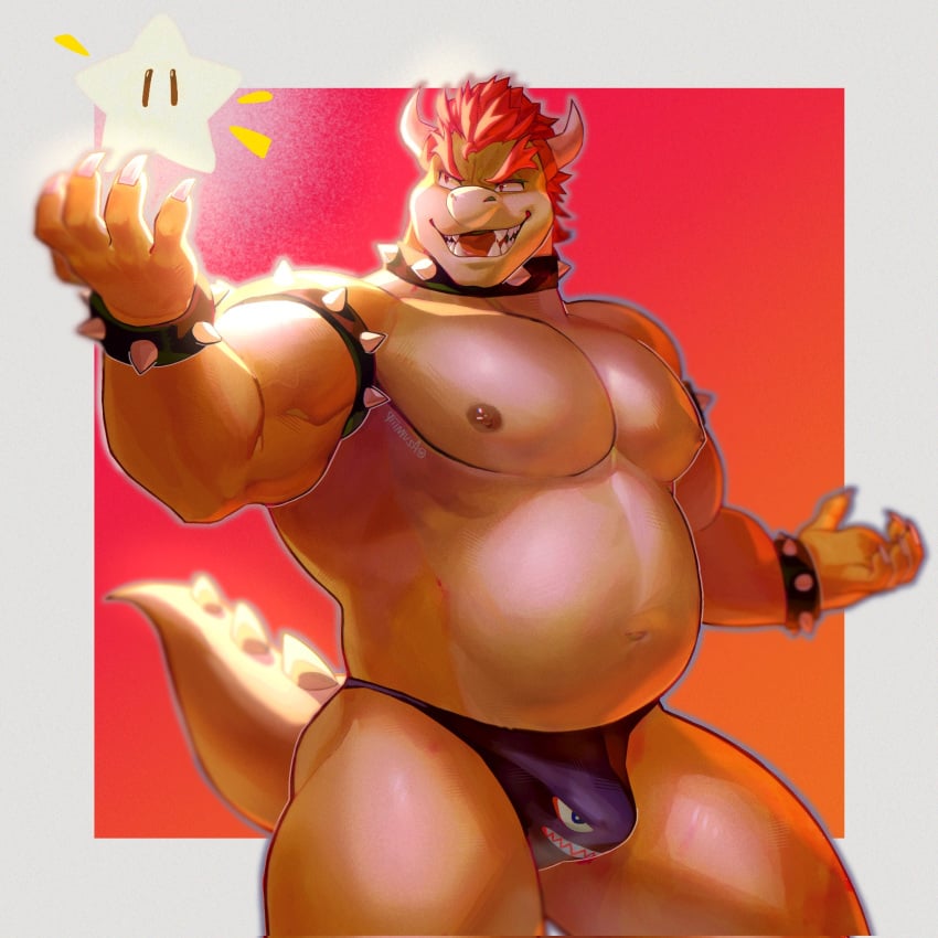 2023 anthro armband azumiiip barazoku belly biceps big_bulge big_muscles border bowser bowser_day bracelet bulge bullet_bill_underwear claws clothed clothing collar emanata eyebrows glowing grey_border hair hi_res horn huge_muscles jewelry koopa male male_only mario_(series) musclegut muscular muscular_anthro muscular_male navel nintendo nipples non-mammal_nipples obliques open_mouth open_smile pecs red_background scalie serratus simple_background smile smirk solo spiked_armband spiked_bracelet spiked_collar spiked_tail spikes spikes_(anatomy) standing star super_mario_bros. tail teeth thick_thighs thong thong_only tongue topless topless_anthro topless_male underwear underwear_only