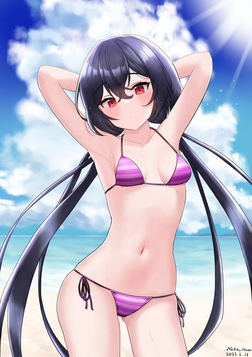 armpits arms_up artist_name beach bikini black_hair blush breasts counter:side dated female gluteal_fold highres lily_(counter:side) long_hair looking_at_viewer navel neko_huan outdoors presenting_armpit red_eyes small_breasts solo striped striped_bikini swimsuit wet