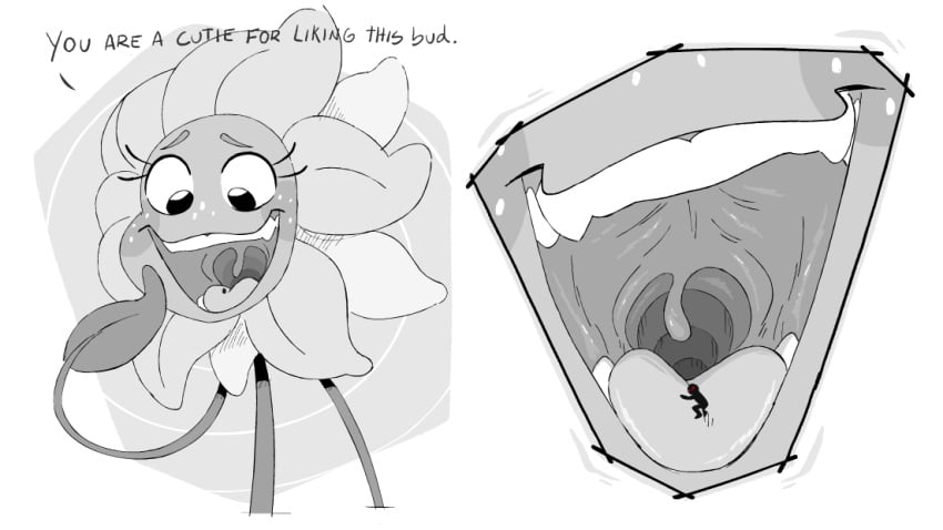 black_and_white daisy_(poppy_playtime) dialogue female flower flower_girl freckles giantess macro mawshot micro mouthplay open_mouth poppy_playtime saliva size_difference text tongue tongue_out uvula vore