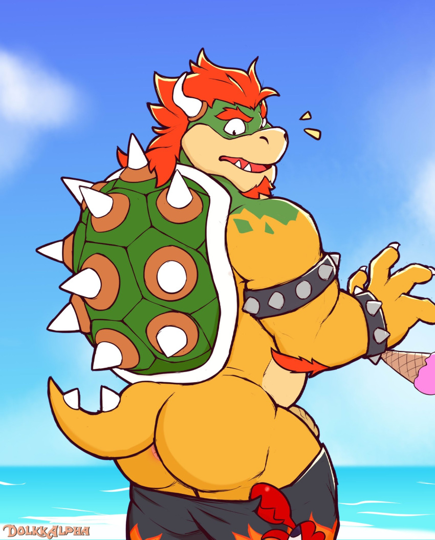 1boy 2023 anthro anthro_focus anus arm_hair armband arthropod ass assisted_exposure barely_visible_anus barely_visible_genitalia barely_visible_penis beach beard belly big_butt big_muscles body_hair bowser bowser_day bracelet clothing cloud crab crustacean day decapoda dessert emanata eyebrows facial_hair feral food gay gay_male genitals hair hi_res horn humanoid_genitalia humanoid_penis ice_cream jewelry koopa malacostracan male male_only marine mario_(series) musclegut muscular muscular_anthro muscular_male nintendo open_mouth outside pantsing penis rear_view sand scalie seaside shell signature sky solo spiked_armband spiked_bracelet spiked_shell spiked_tail spikes spikes_(anatomy) surprise surprised_expression swimming_trunks swimming_trunks_down swimwear swimwear_down tail teeth tongue water zeo_helvein