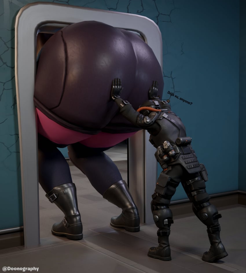 boots doonography female fortnite fortnite:_battle_royale gloves green_eyes harlowe_(fortnite) huge_ass jacket pink_skin shorts stuck_in_door text thighhighs white_hair