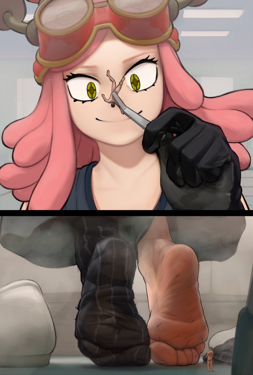 1girls 3boys barefoot boku_no_hero_academia exposed_feet feet fooooly foot_fetish footwear_removed googles hatsume_mei inside_clothing inside_sock insole mei_hatsume micro my_hero_academia one_sock_on pink_hair shoes_removed shrunk sock_removed socks soles stuck_to_foot tiny_male toes used_as_clothing yellow_eyes