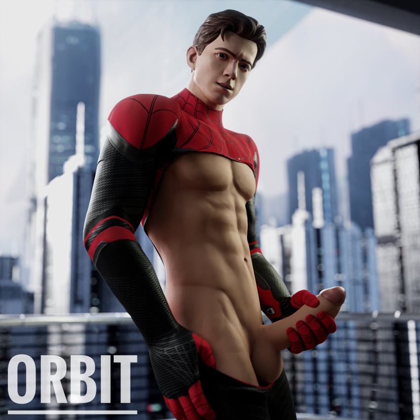 1boy 3d balls bara barazoku big_balls big_penis clothing erection gay hand_on_penis hi_res highres looking_at_viewer male male_focus male_only manly marvel marvel_comics muscles muscular muscular_male nude orbit_nsfw penis peter_parker solo solo_male spider-man spider-man_(series) spider-man_(tom_holland) taking_clothes_off tight_clothing tom_holland touching_penis