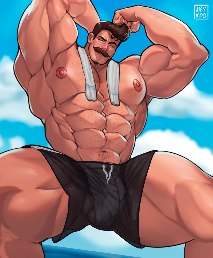 1boy 2023 abs balls bara barazoku biceps big_bulge bulge bulge_through_clothing clothing daddy facial_hair gay hairy hairy_chest hi_res highres huge_bulge looking_at_viewer male male_focus male_nipples male_only manly moustache muscles muscular muscular_arms muscular_legs muscular_male muscular_thighs nipples penis penis_outline solo solo_male spread_legs squatting waympo