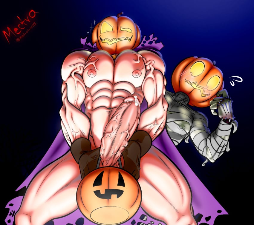 1boy 2022 abs balls bara barazoku biceps big_balls big_penis cape completely_nude creature erection gay gloves halloween hi_res highres holidays jack-o'-lantern jack_o'_lantern looking_at_viewer male male_focus male_nipples male_only manly mectratron173 muscles muscular muscular_arms muscular_legs muscular_male muscular_thighs nipples nude penis precum precum_drip pumpkin pumpkin_head pumpkin_head_(character) solo solo_male vein veiny_penis