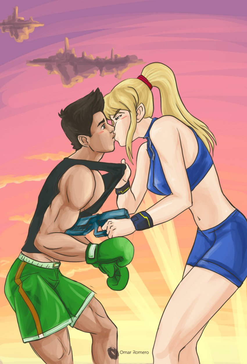 1boy 1girls age_difference assertive_female athletic athletic_female black_hair blonde_hair blush casual_outfit_(metroid) clothes couple dominant_female female gun hair_tie kissing little_mac making_out metroid midriff muscular_male nintendo ponytail punch_out samus_aran ship shorts sports_bra straight super_smash_bros. taller_female zero_suit zero_suit_samus