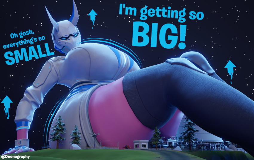 doonography fortnite fortnite:_battle_royale giantess_growth gloves harlowe_(fortnite) helmet huge_breasts jacket pink_skin shorts text thick_thighs thighhighs