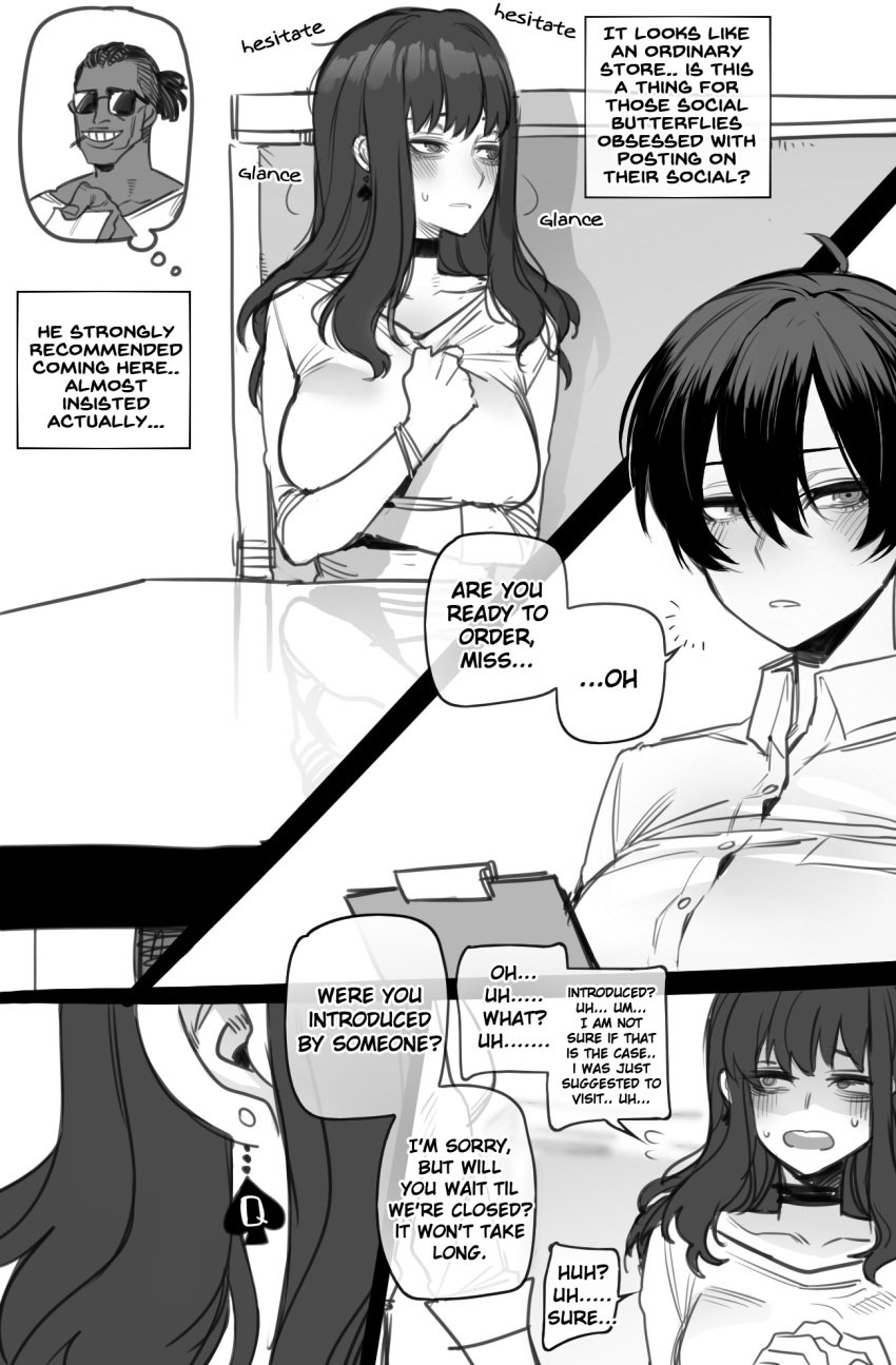 1boy 2girls black_and_white black_hair choker comic dialogue digital_media_(artwork) doujinshi embarassed english_text hi_res high_resolution highres light-skinned_female light_skin long_hair monochrome mr.skull nervous original queen_of_spades ratatatat74 short_hair spade spade_earrings text