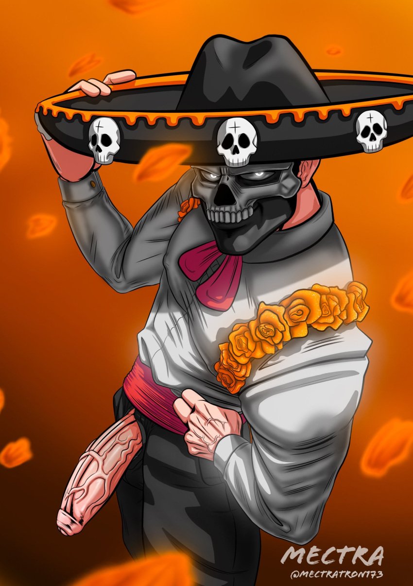 1boy 2021 balls bara barazoku big_balls big_penis clothing dia_de_los_muertos foreskin gay half-erect hat hi_res highres looking_at_viewer male male_focus male_only manly mask mectratron173 partially_retracted_foreskin penis solo solo_male vein veiny_penis