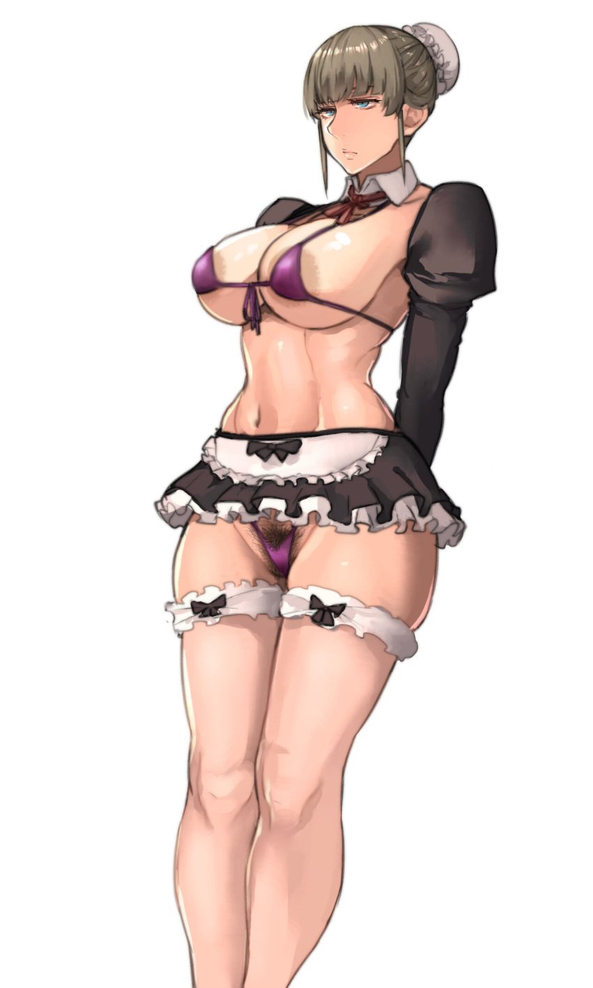 1girls 2019 absurd_res apron areola_slip areolae arms_behind_back bikini blonde_hair blue_eyes bow breasts bun_cover clothing detached_collar detached_sleeves female female_only frilled_skirt frills front-tie_bikini hair_bun highres juliet_sleeves large_areolae large_breasts maid maid_belle_(pepe_(jonasan)) maid_headdress maid_uniform mature_female microskirt midriff miniskirt navel original pepe_(jonasan) pubic_hair pubic_hair_peek purple_bikini revealing_clothes ribbon short_hair simple_background skirt solo standing swimsuit thigh_strap thighs tied_hair waist_apron white_background