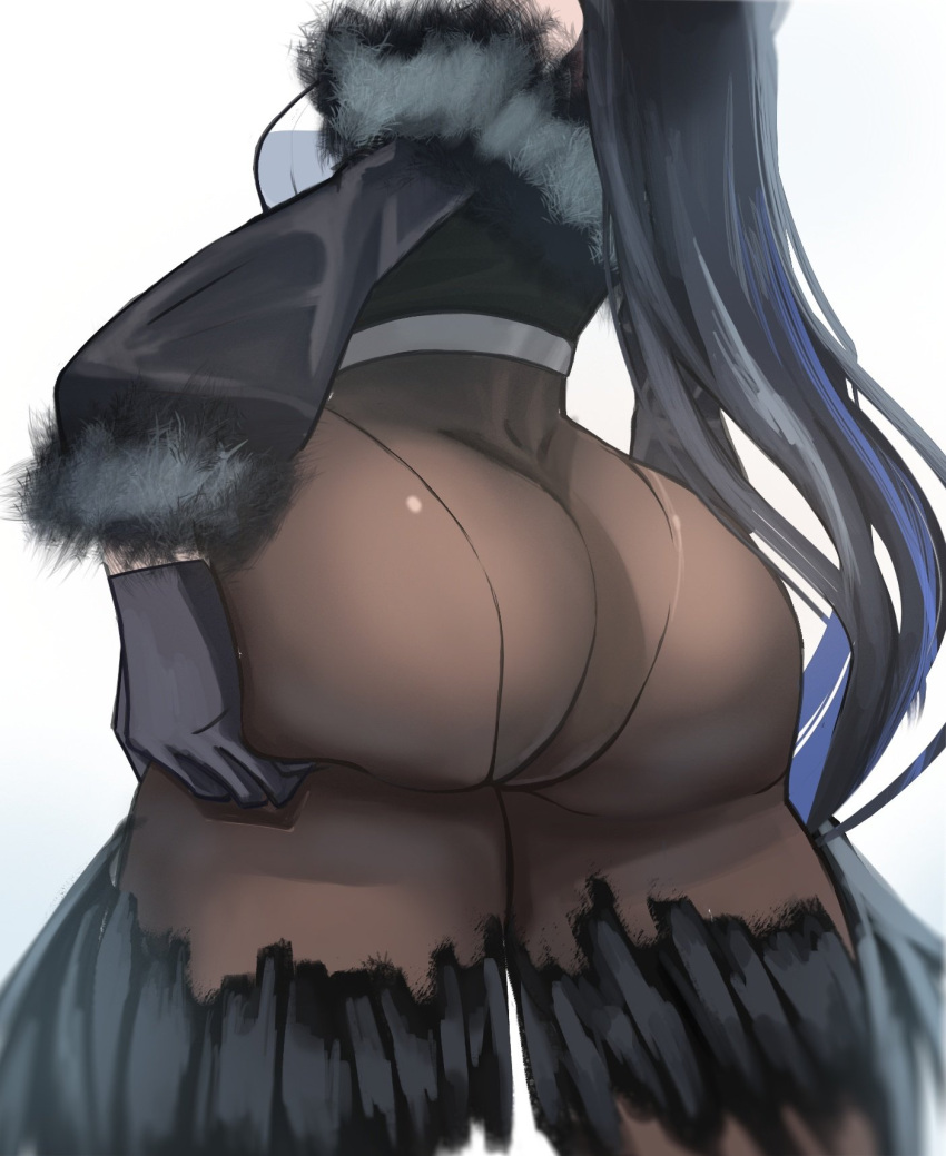 1girls ass ass_focus ass_support bare_shoulders big_ass black_gloves black_hair blue_hair clothing_cutout cropped_head female filthyalananima fur_trim gloves hair_between_eyes highres holoadvent hololive hololive_english hololive_english_-advent- horns huge_ass long_hair multicolored_hair nerissa_ravencroft shoulder_cutout solo thighs two-tone_hair virtual_youtuber