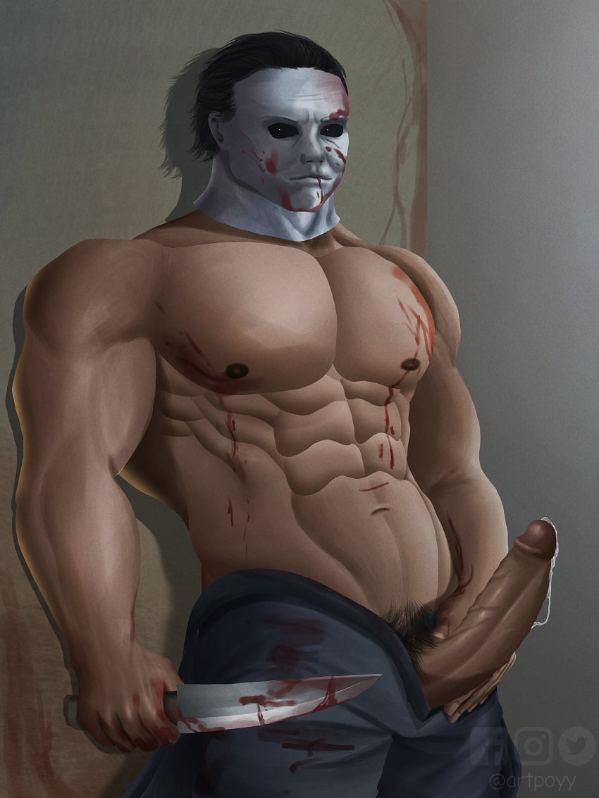 1boy 2023 abs artpoyy balls bara barazoku biceps big_balls big_penis erection gay half-erect halloween halloween_(series) hand_on_penis hi_res highres male male_focus male_nipples male_only male_pubic_hair manly mask michael_myers muscles muscular muscular_arms muscular_male nipples penis precum precum_drip solo solo_male touching_penis vein veiny_penis yop5281