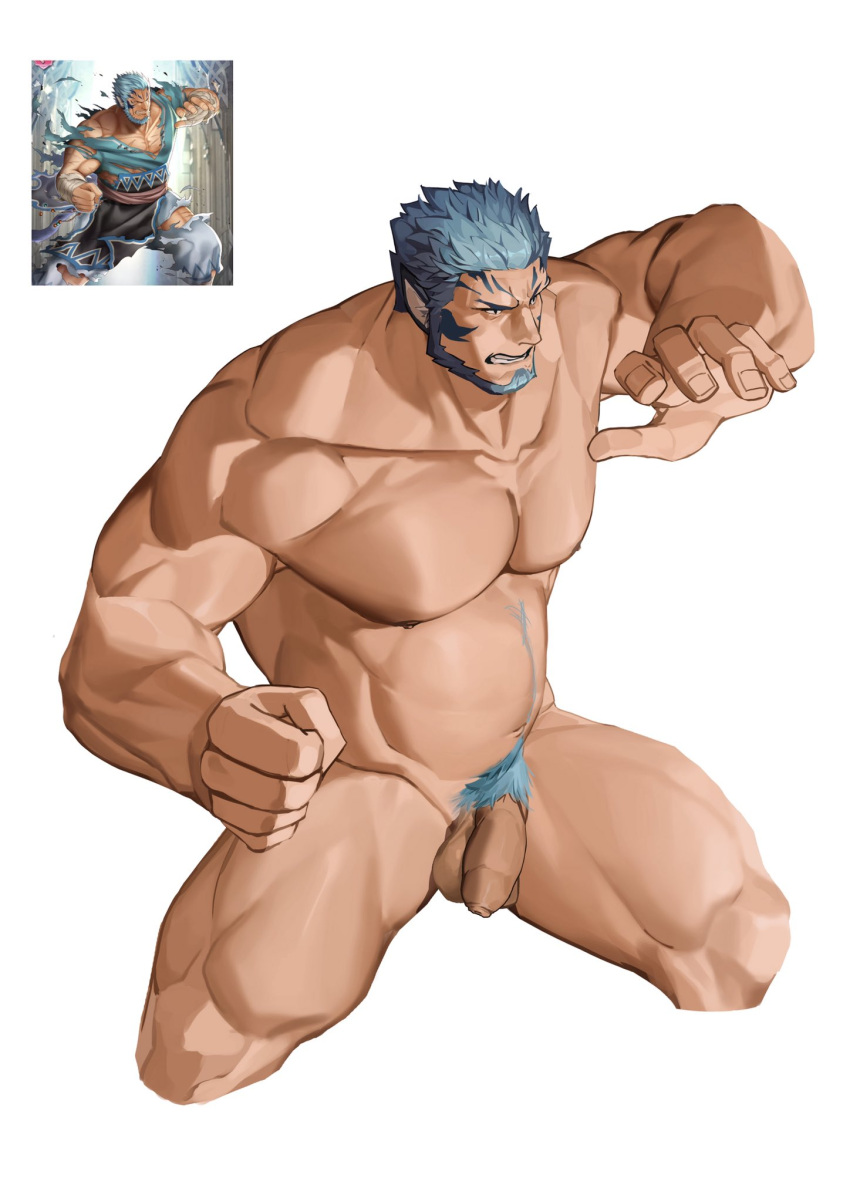 1boy bara beard blue_hair clenched_teeth completely_nude facial_hair fire_emblem fire_emblem:_path_of_radiance highres laguz_(race) large_pectorals male_focus male_only male_pubic_hair mordecai_(fire_emblem) muscular muscular_male my_eight navel nipples nude pectorals penis photo-referenced pubic_hair short_hair simple_background solo teeth testicles white_background