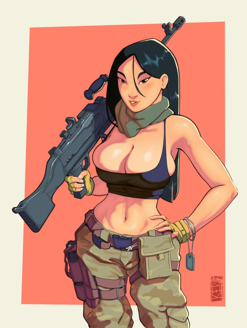 2023 army army_girl army_uniform artist_signature asian asian_female big_breasts black_hair breasts bursting_breasts busty camo_clothing camo_pants camo_print camouflage_pants cargo_pants cleavage crop_top dated disney disney_princess dog_tags fa_mulan female female_focus female_only gun hand_on_hip hourglass_figure kumbhker large_breasts m249 military_pants military_uniform mulan mulan_(1998_film) overflowing_breasts pants pinup pinup_pose revealing_clothes rifle scarf sports_bra standing tank_top wide_hips