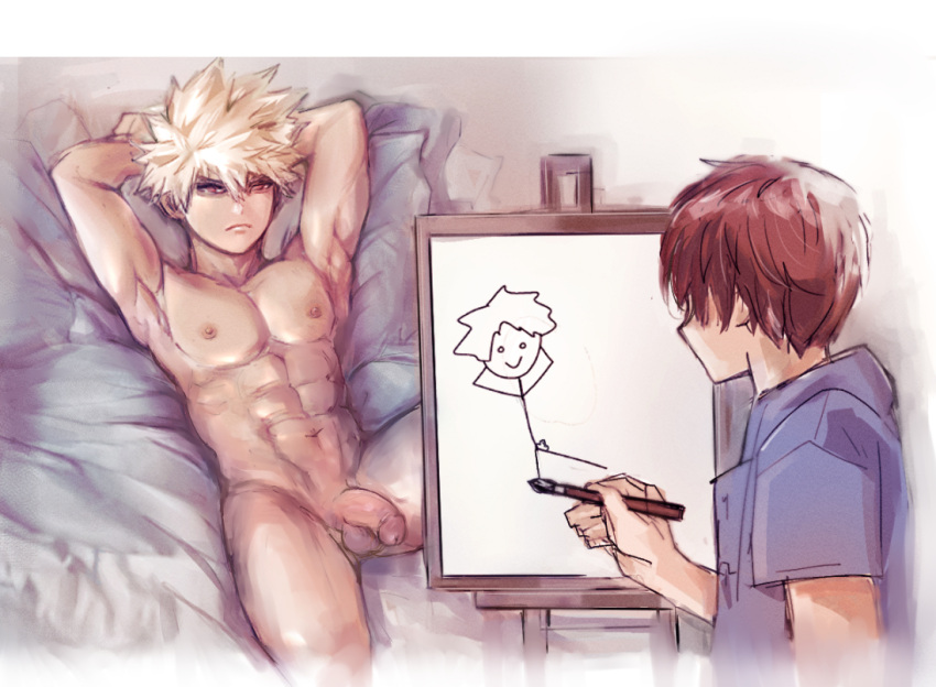 blonde_hair blue_eyes darkline drawing easel exposed_penis fully_clothed gay grey_eyes katsuki_bakugou limp limp_penis male male_only my_hero_academia naked naked_male red_eyes red_hair shouto_todoroki white_hair