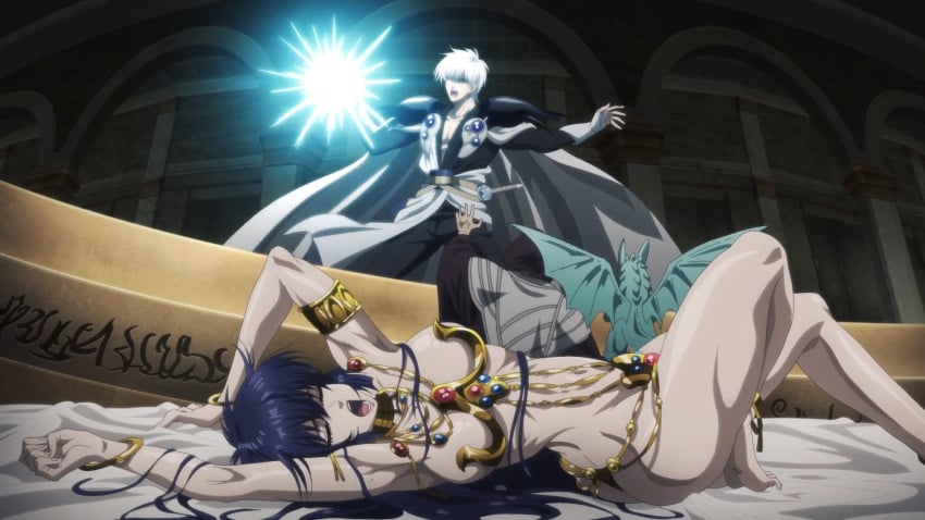 1girls 2boys ass bastard!! blue_hair breasts closed_eyes clothing hips kall-su large_ass long_hair medium_breasts open_mouth revealing_clothes screencap sheila_tel_metallicana shounen_jump thick_thighs thighs white_hair wide_hips