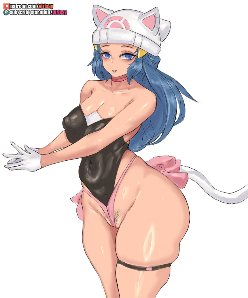 1girls alternate_breast_size blue_eyes blue_hair breasts cat_ears dawn_(pokemon) female girlsay hat large_breasts leotard light-skinned_female light_skin long_hair nintendo pokemon pokemon_dppt pubic_hair pubic_hair_peek solo solo_female tail thick_thighs