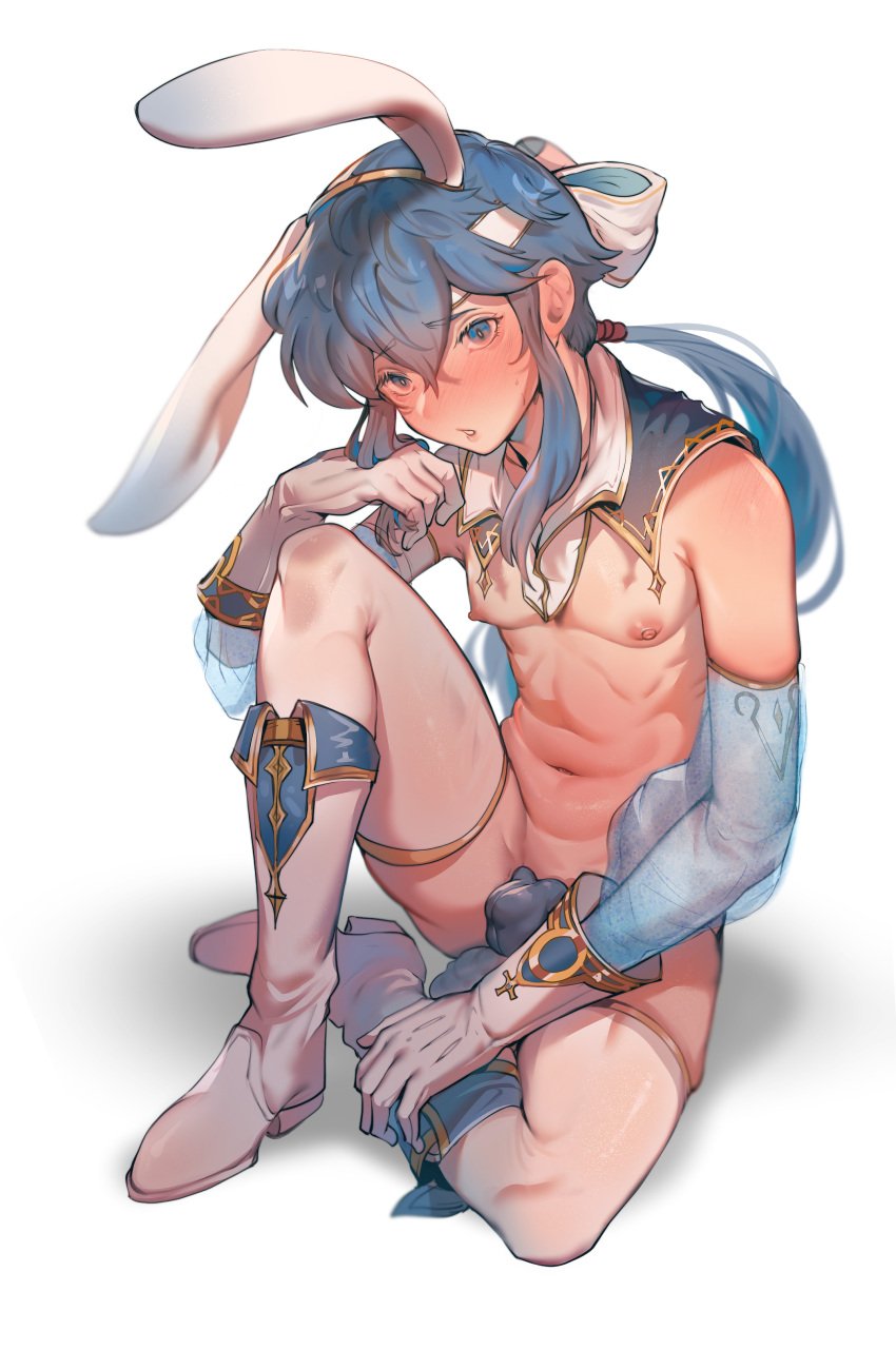 1boy alternate_costume bare_midriff blue_eyes blue_hair boots breasts bunny_boy bunny_day bunny_ears bunnysuit byebyefrog femboy fire_emblem fire_emblem:_genealogy_of_the_holy_war footwear_fetish headband long_hair looking_at_viewer male male_only midriff nintendo nipples pasties ponytail reverse_bunnysuit seliph_(fire_emblem) small_breasts solo thighhighs very_long_hair