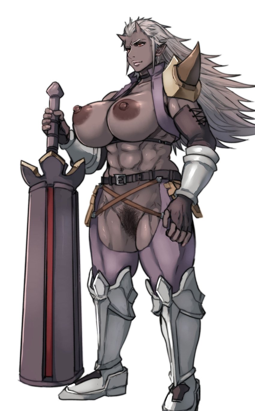 1girls 2019 abs absurd_res areolae armor asymmetrical_armor belt black_gloves boots breasts brown_eyes chaps clothing dark-skinned_female dark_skin female female_only full_body gloves greatsword grey_hair highres holding_sword holding_weapon horns large_areolae large_breasts lipstick long_hair makeup mature_female muscles muscular muscular_female navel nipples ogre ogre_female original pauldrons pepe_(jonasan) pointy_ears pubic_hair pussy revealing_clothes simple_background single_pauldron solo standing sword weapon white_background