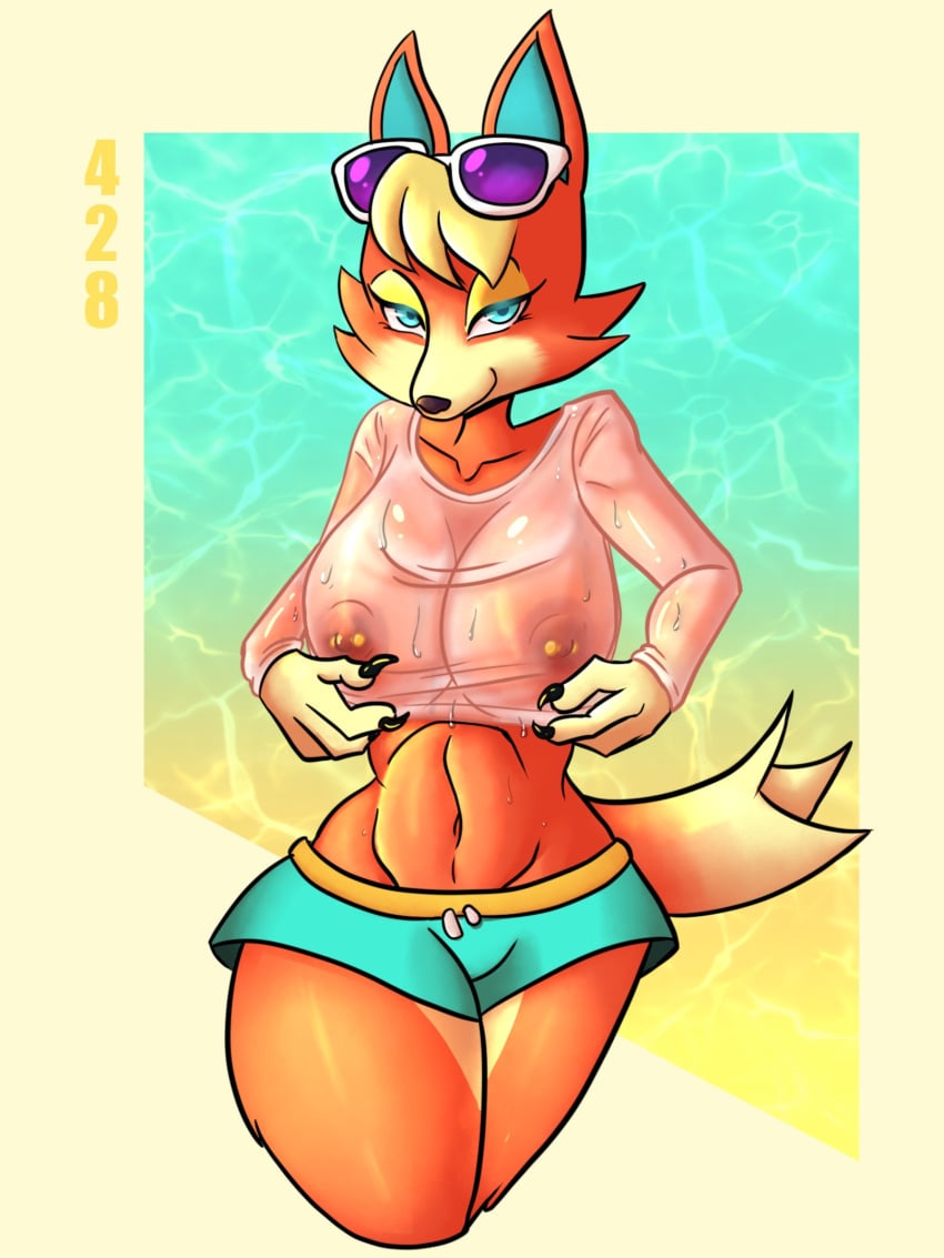 1girls animal_crossing animal_crossing_new_horizons anthro audie_(animal_crossing) big_breasts big_breasts big_breasts blonde_female blonde_hair blonde_hair female female_focus female_only fox fox_ears fox_girl fox_tail fur furry furry_only green_eyes humanoid long_sleeves nintendo nipple_piercing nipples orange_fur pulling_clothing raccoon_sama see-through see-through_clothing sharp_claws short_hair short_shorts shorts simple_background slim slim_waist smirk smirking smirking_at_viewer stomach sunglasses sunglasses_on_head thick_thighs thighs wet_body wet_clothes wet_t-shirt wet_topwear wide_hips